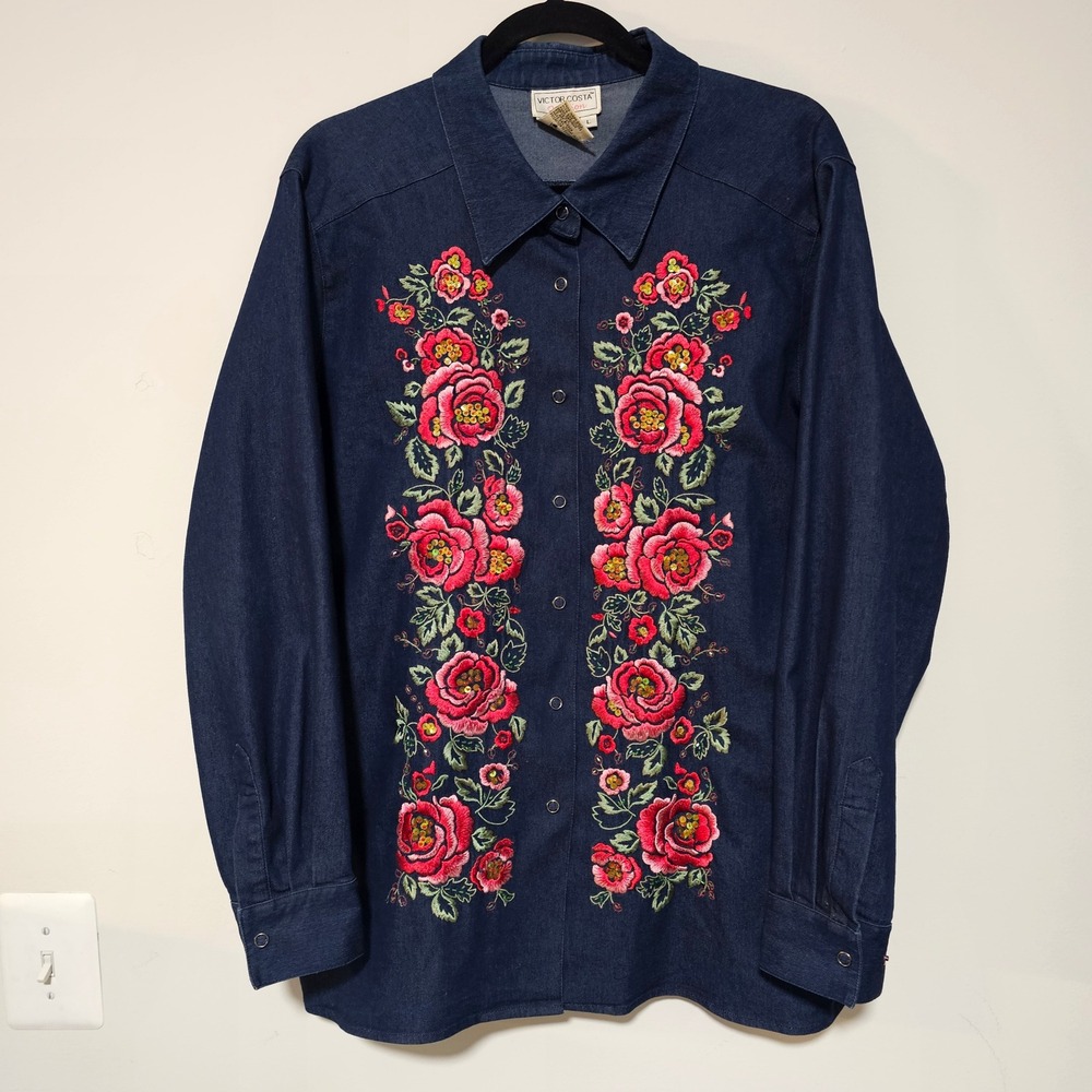 Vintage Denim Shirt Women L Floral Embroidered Sequin‎ Western Boho Teachercore